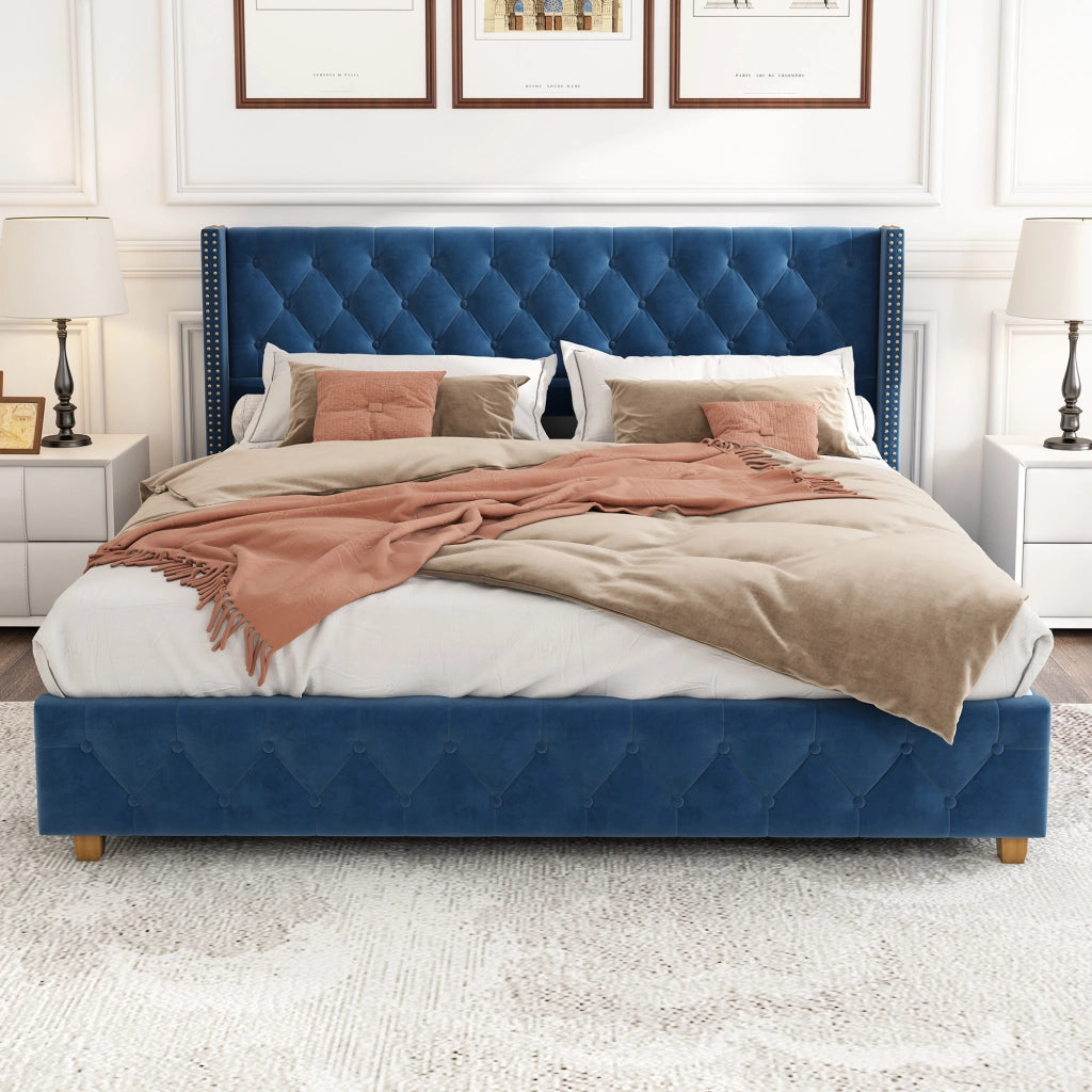 Letto Imbottito 160 × 200 cm; Matrimoniale con Testiera Trapuntata e Borchie; senza Materasso; Velluto Blu