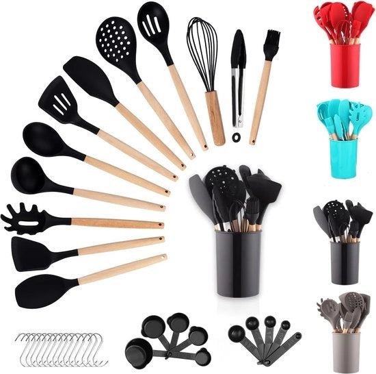 Set di accessori in silicone da cucina 38 pezzi, accessori da cucina con maniglia in legno, gancio e holder per oggetti da utilizzo (nero)