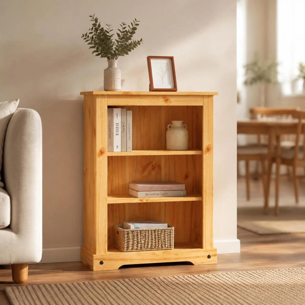 Bookcase With 3 Compartments, Mexican Style, Pine Wood, 80x29x100 Cm