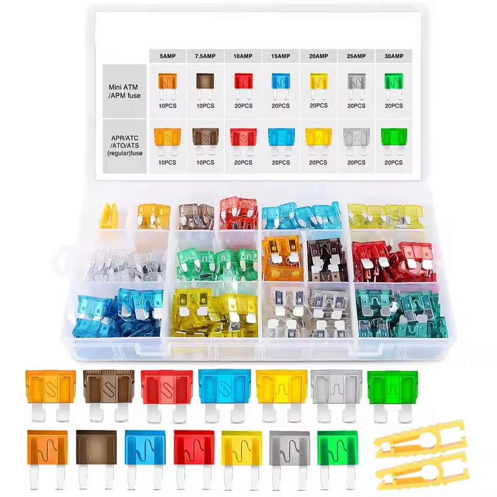 Set Fusibili Auto ProMix 240 – 240 Pezzi MINI e STANDARD 5A-30A | Colori Diversi | Con Organizer e 2 Estrattori