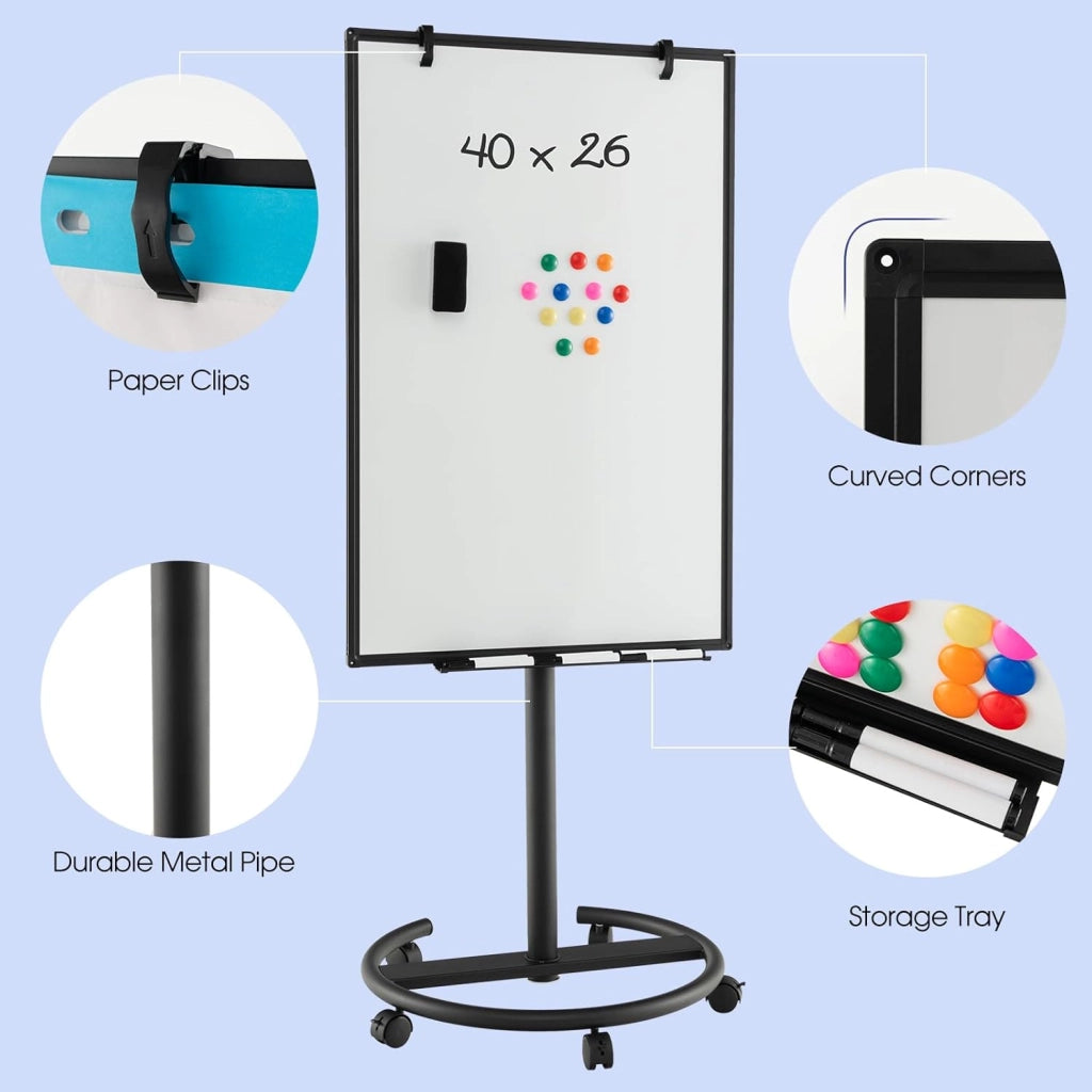 Lavagna Magnetica, Regolabile in Altezza e Ripiano per Penne, Cancellabile a Secco, 65x100 cm