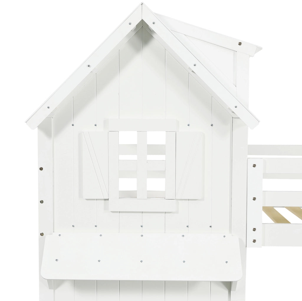 Letto a castello per bambini 90x200 cm con finestre, tetto e scala