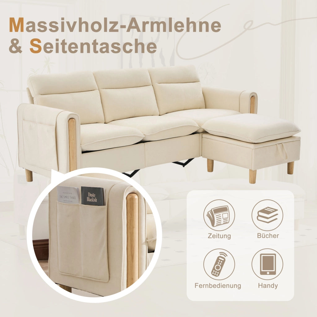 Divano ad angolo reversibile 3 posti con vano contenitore e tasche laterali in ciniglia beige