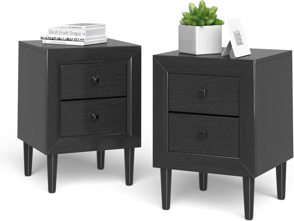COSTWAY Comodino 40 x 39,5 x 55cm con 2 Cassetti, Tavolino Moderno da Salotto con Solide Gambe in Legno di Gomma, Mobile per Ufficio, Salone e Camera da Letto (2 x Nero)