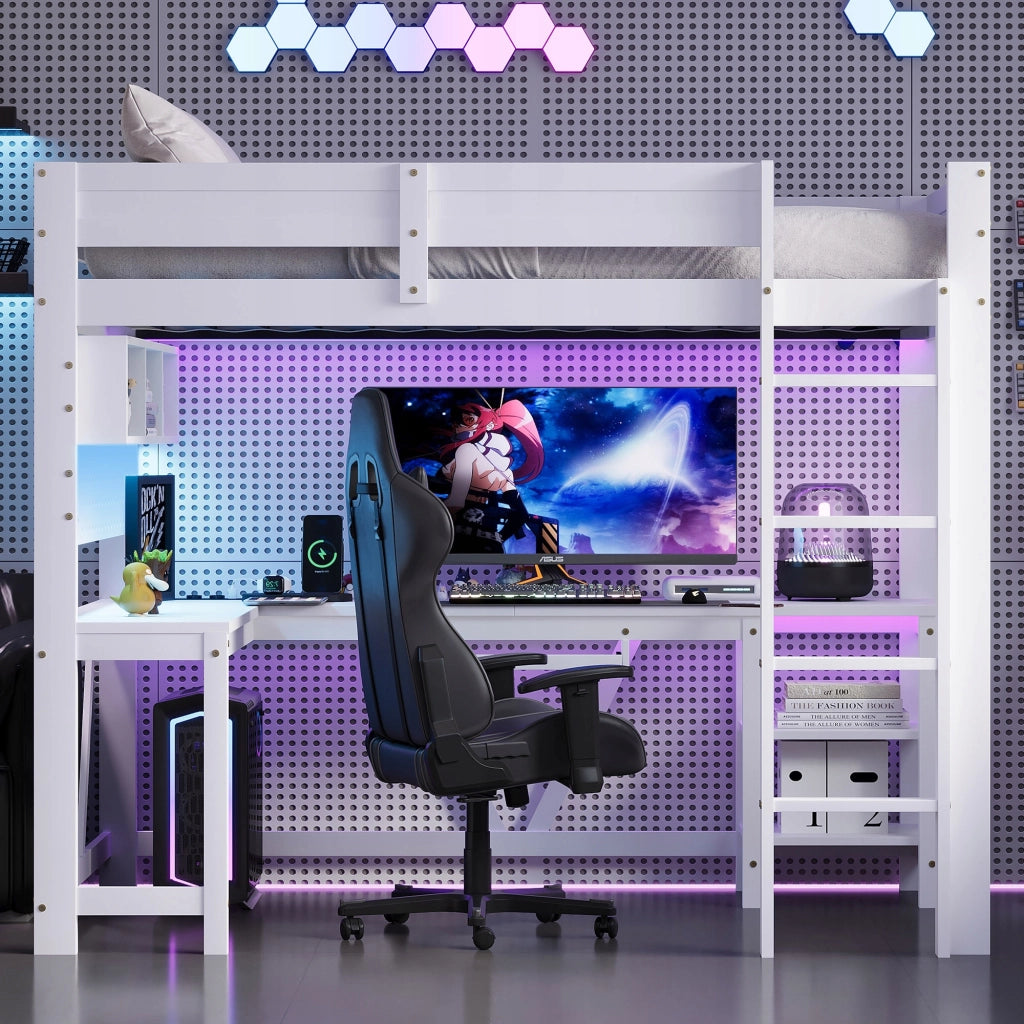 Letto gaming con scrivania - Xylo - 90x200 - Bianco - LED, ricarica, scaffali