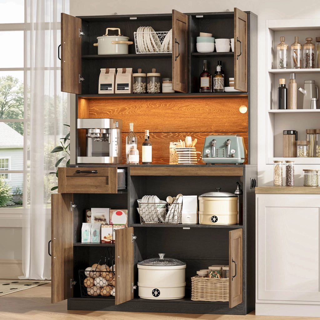 Mobile da cucina con LED RGB; prese USB e ripiani regolabili 110x40x180 cm; MDF naturale e nero