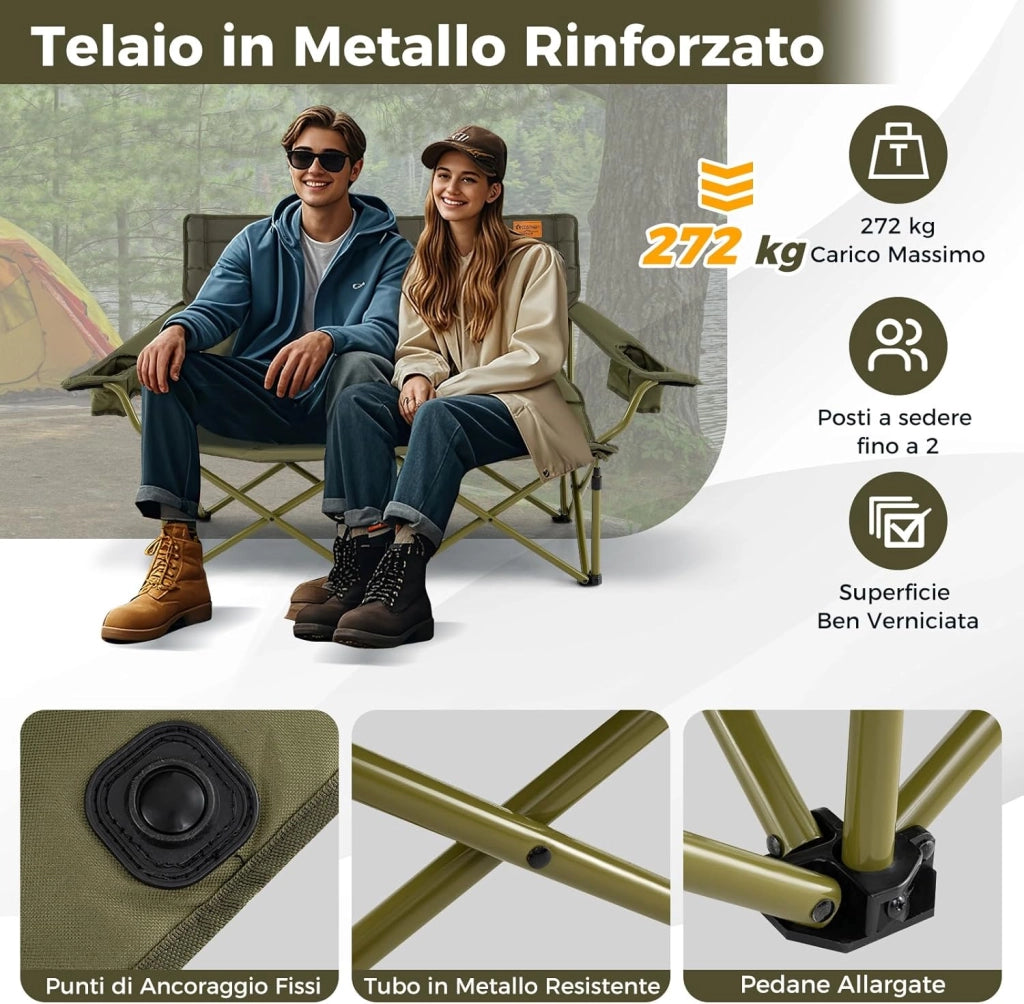 Sedia da Campeggio per 2/3 Persone, Divano per Picnic Pieghevole con Braccioli Regolabili e Portabicchieri, Sedia da Esterno Portatile con Borsa da Trasporto (147 x 69 x 82 cm,Verde)