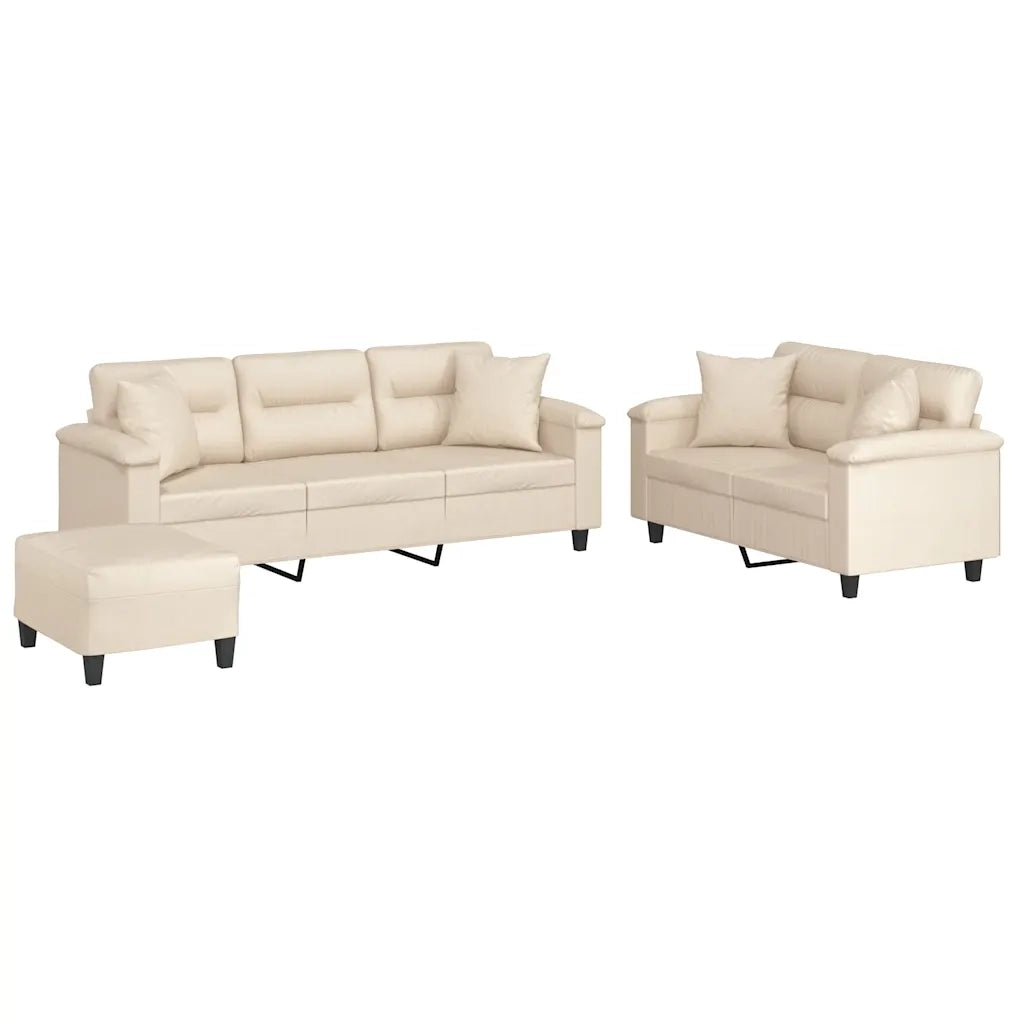 Set Divani 3 pz con Cuscini Beige in Tessuto Microfibra