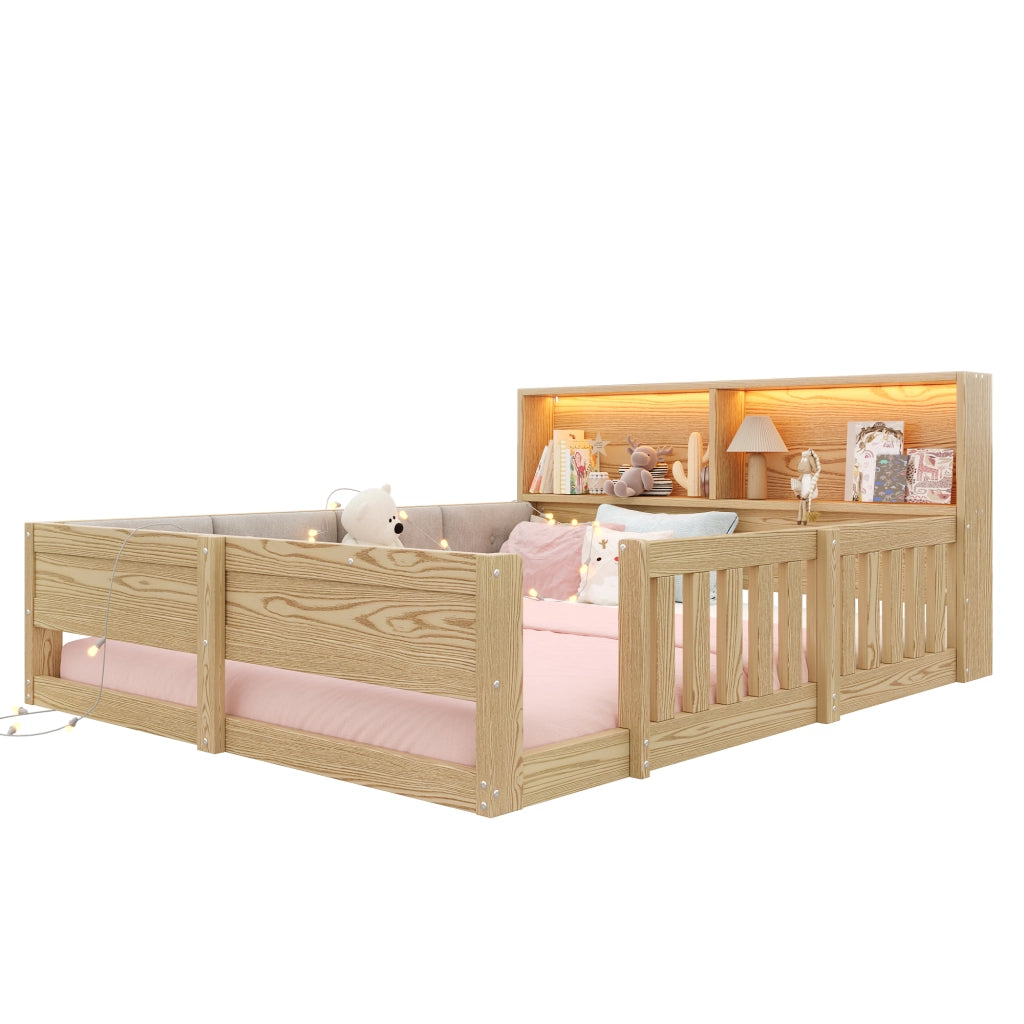 Letto con Sponda 140 x 200 cm - LED; Testiera con Contenitore - in Legno e Peluche - Naturale