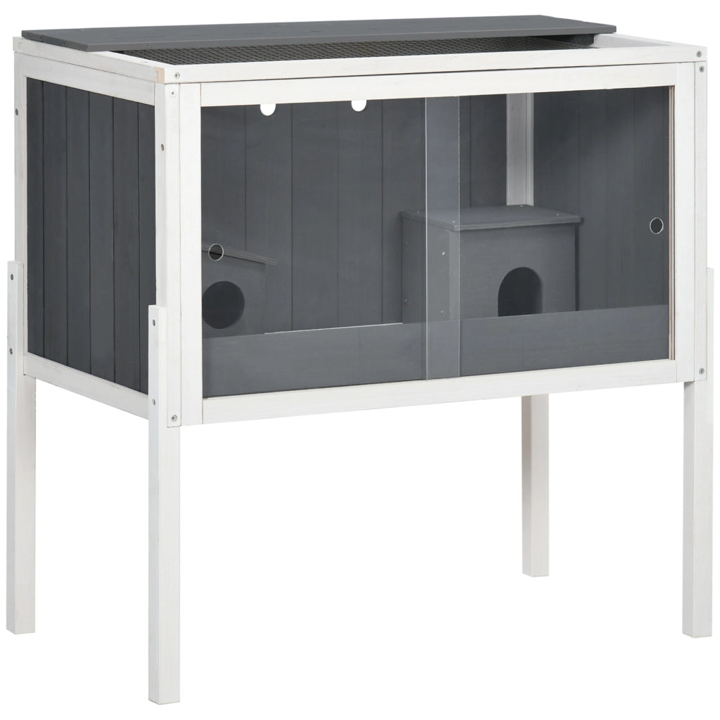 Scaffale per piccoli animali con 2 casette e ripiano in legno e filo zincato grigio scuro 82 × 45 × 81 cm