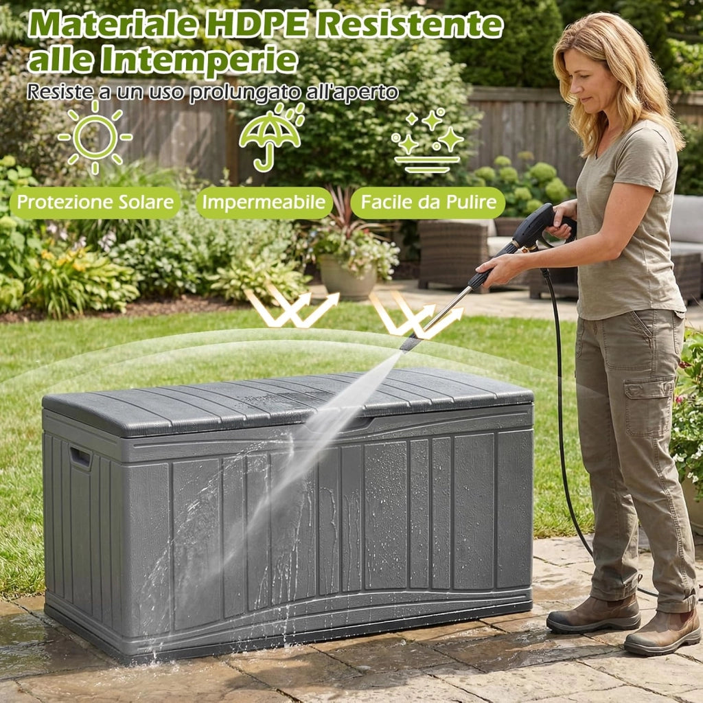 Baule da Esterno 300L Impermeabile in Resina, Cassapanca Contenitore da Esterno con Pistoni a Gas, Predisposizione per Serratura e 2 Maniglie Laterali, Resistente, 114 x 55 x 61 cm (Grigio)