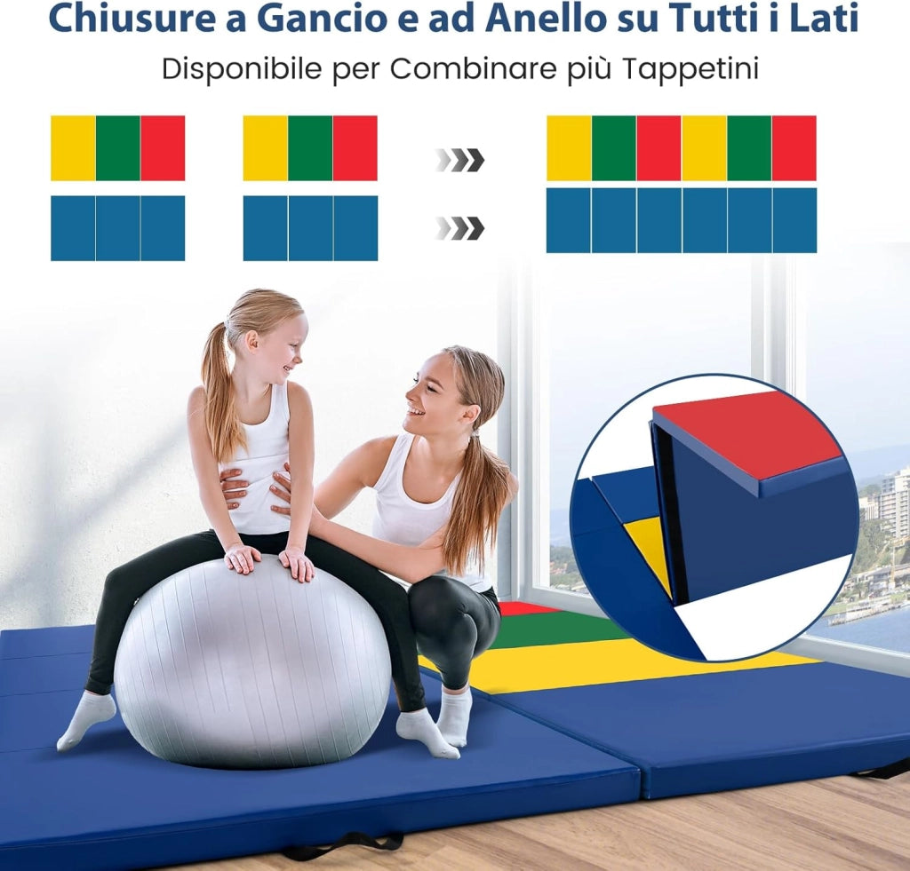 Tappetino per Ginnastica Pieghevole a 4 Pannelli con Maniglie, 300 x 117 x 5 CM, Tappetino in Ecopelle con Chiusure a Strappo per Ginnastica, Yoga, Stretching & Capriole