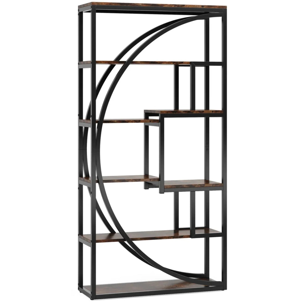 Libreria geometrica a 6 livelli in metallo nero e legno marrone rustico
