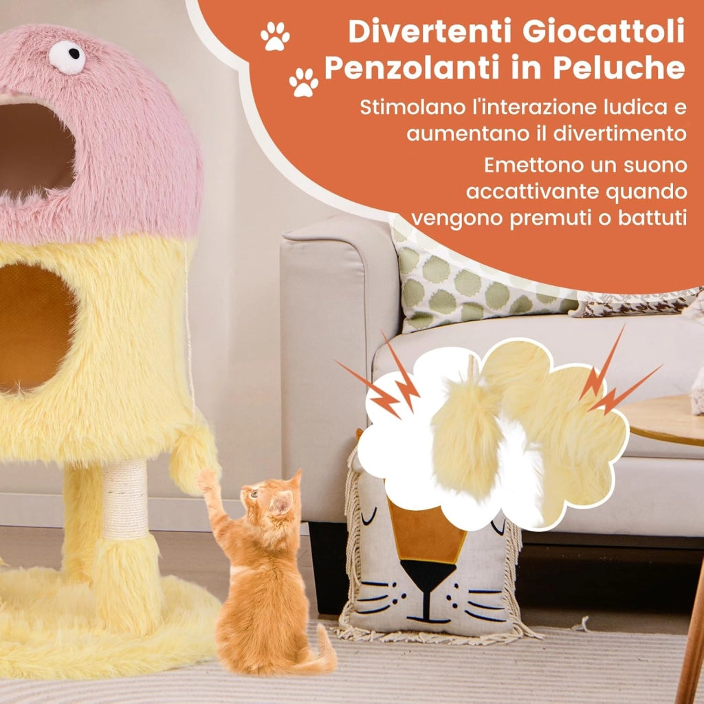 Tiragraffi per Gatti 93 cm, Torre di Gatti a Tema Mostro, Piuma Morbida e Lunga, Palo per Graffio in Sisal e Giocattoli Pendenti, Centro Attività per Gattini a 3 Livelli