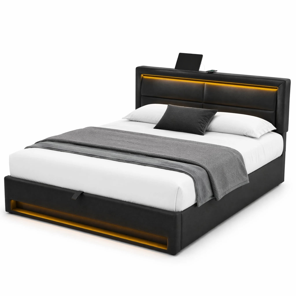 Letto imbottito 140x190 cm con USB, LED e vano contenitore, PU nero