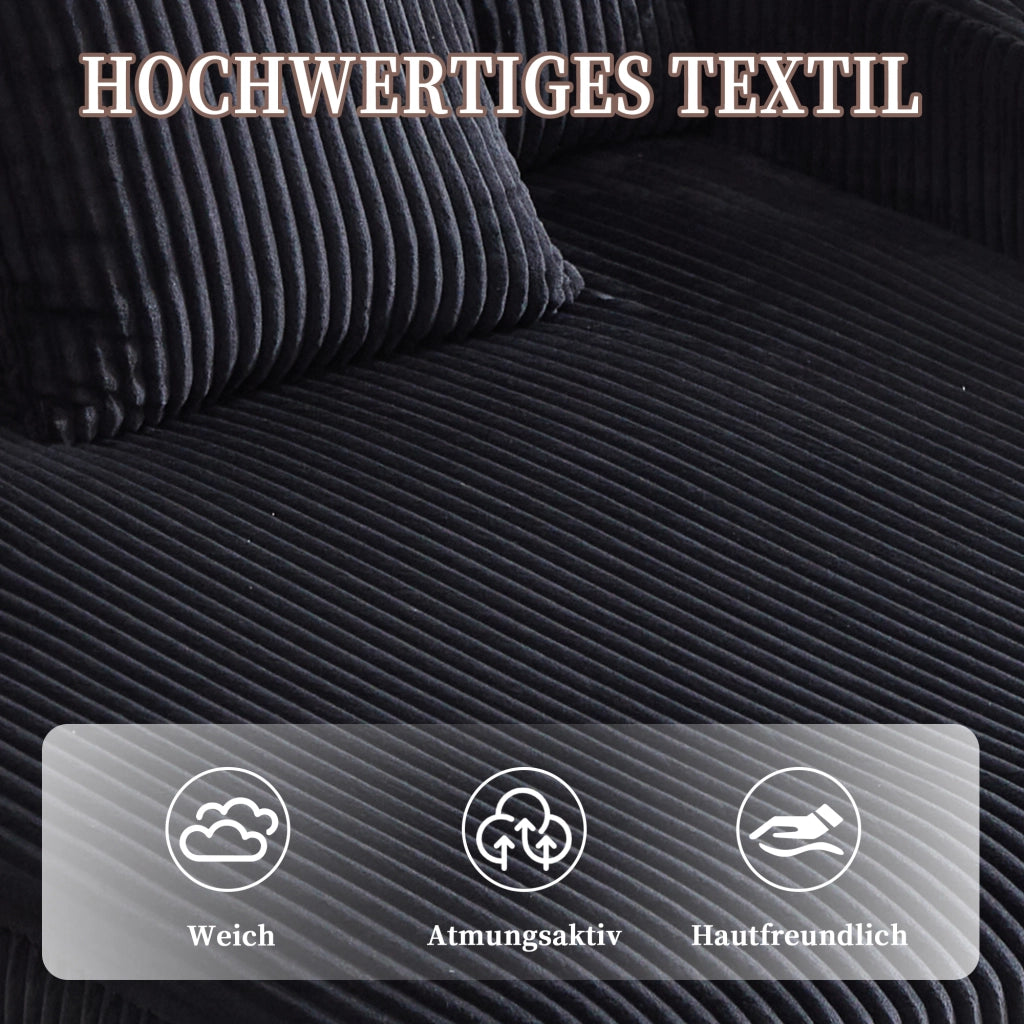Poltrona Relax con LED; USB e Portabicchieri; Seduta Profonda in Velluto a Coste Nero; 142 x 128 x 85 cm