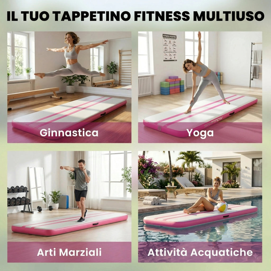 Tappetino Gonfiabile Ginnastica 305x102x10 cm con Pompa Elettrica e Borsa Trasporto in PVC Rosa