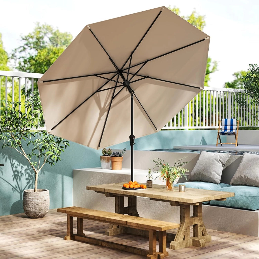 Ombrellone da Giardino 270 cm, Ombrellone da Esterno con Inclinazione Regolabile, Manovella, 8 Stecche, Tettuccio Ventilato, per Spiaggia, Bordo Piscina (Marrone, 270 cm 8 Stecche)