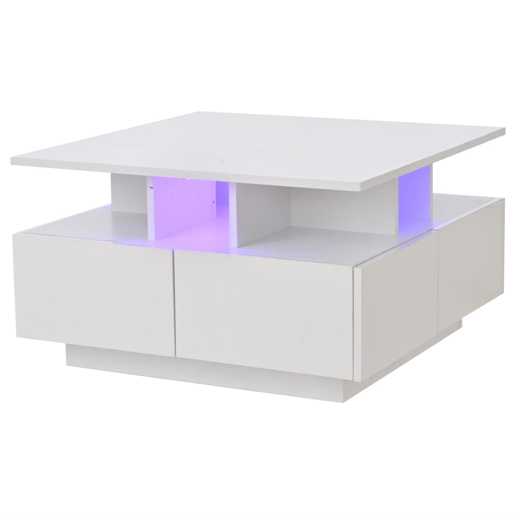 Tavolino da salotto cubico 70 x 70 x 40 cm bianco lucido con LED e 4 cassetti