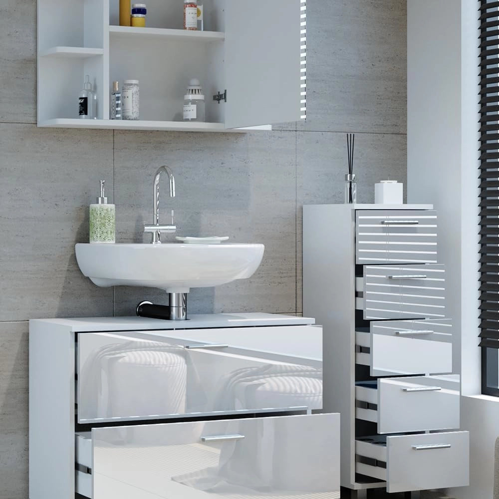 Set di mobili da bagno Ilias, Bianco lucido, 80 cm, composto da mobile sottolavabo, specchiera e mobile medio