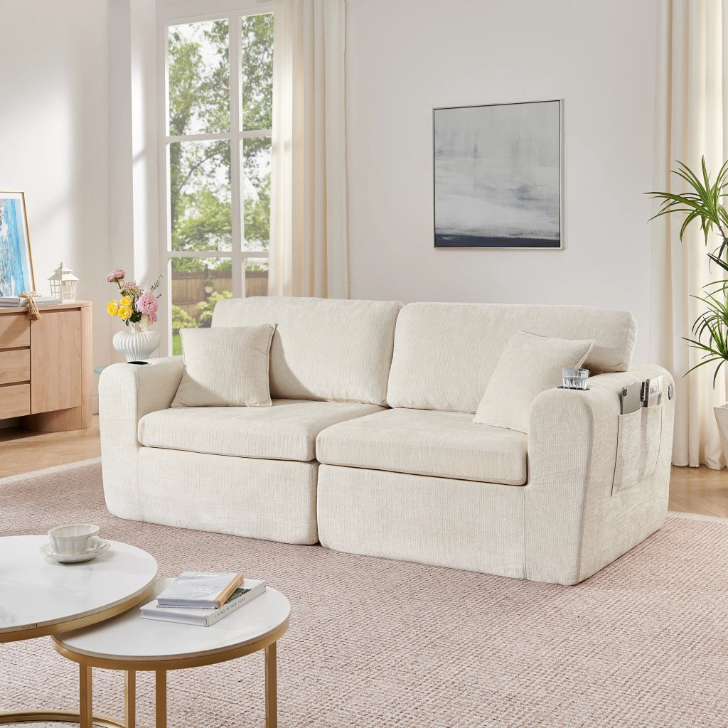 Divano relax 2 posti in ciniglia beige con USB; portabicchieri e tasche