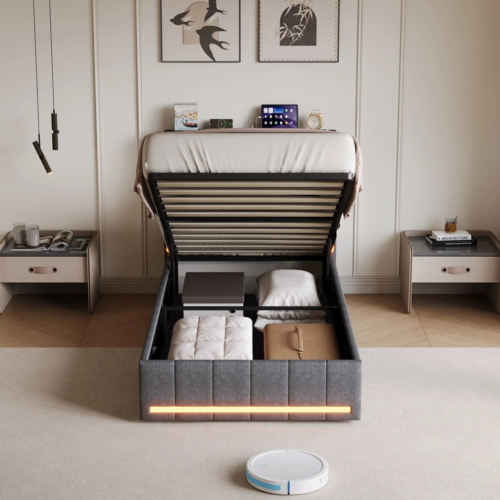 Letto singolo 90x200 cm con contenitore e LED  struttura letto con testiera e USB  letto contenitore in acciaio-grigio