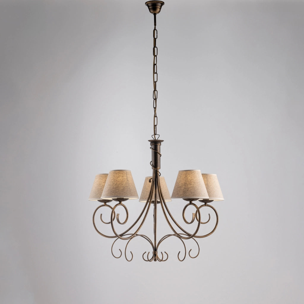 Lampadario in ferro laccato marrone con decorazione oro antico e paralumi diametro 13 in pvc effetto tessuto juta 5 luci