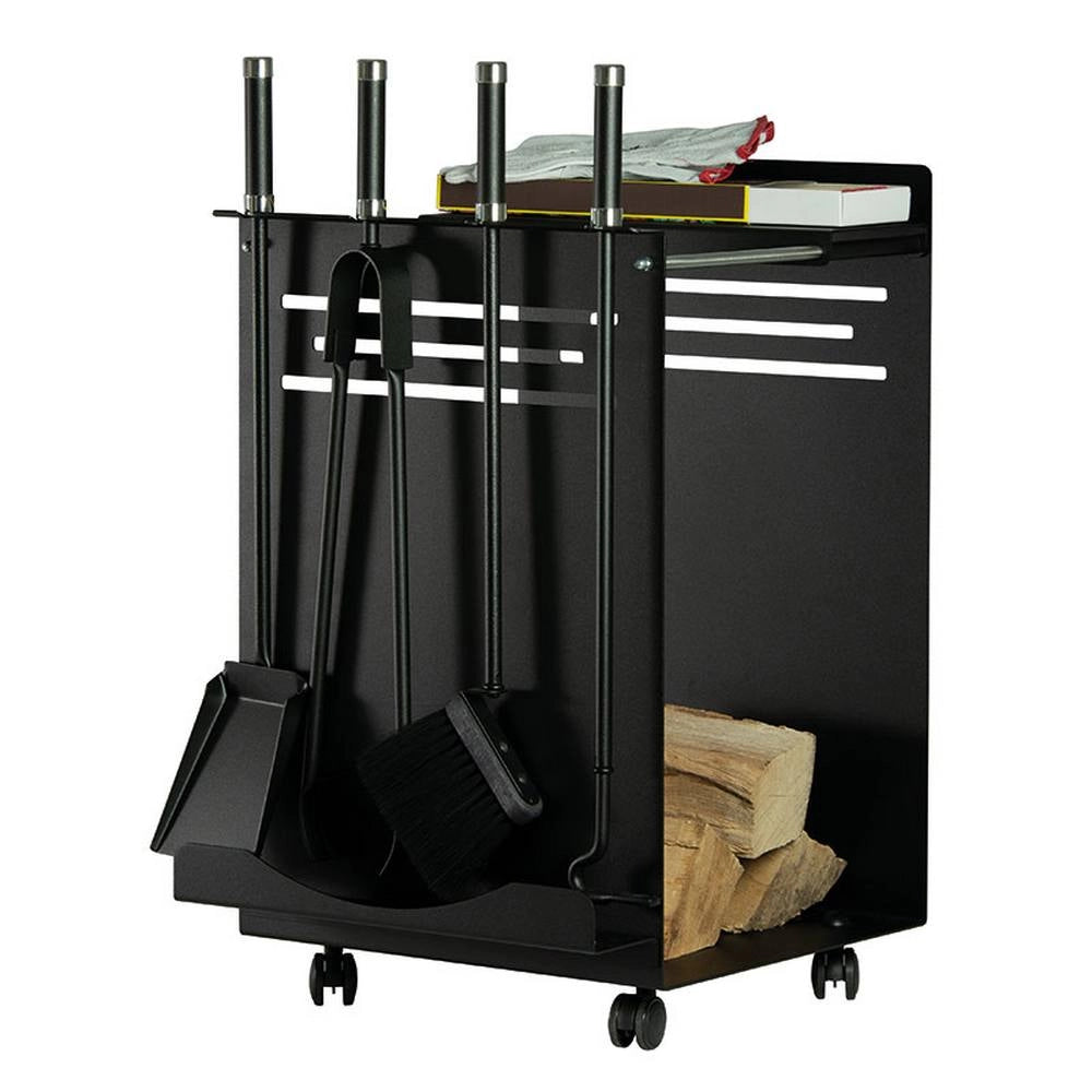 Portalegna con ruote acciaio nero 45x38 h.70 cm. con 4 accessori. Made in Italy