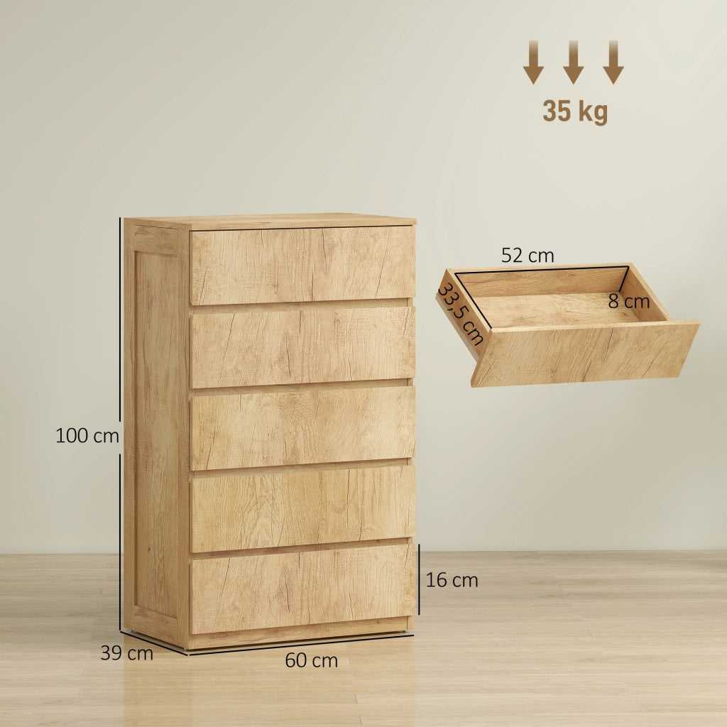 Cassettiera 5 Cassetti Senza Maniglie ¨C Minimal ¨C Legno Naturale 60x39x100