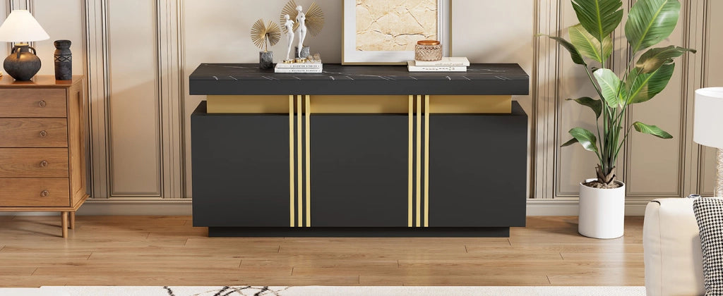 Credenza nera e oro 3 ante mobile buffet 140 cm con piano effetto marmo