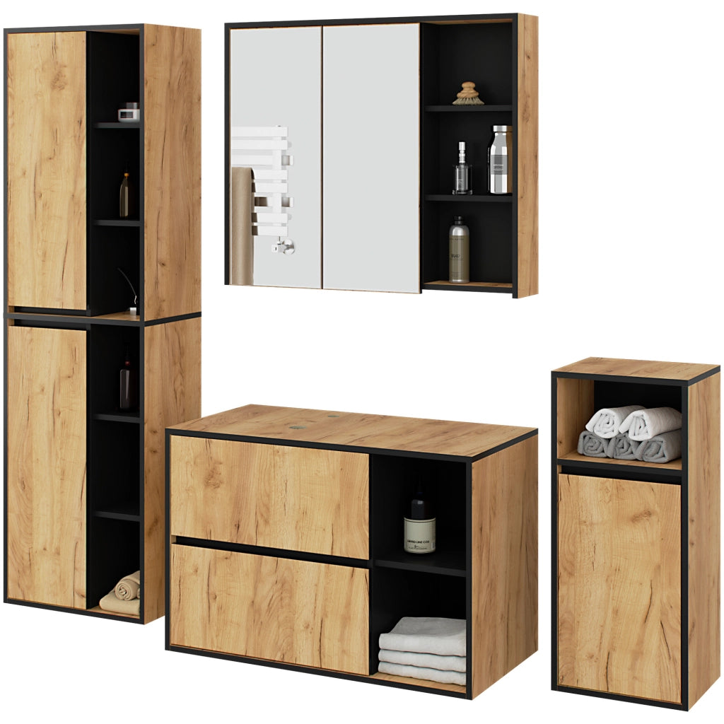 Set di mobili da bagno sospesi VAMI in Rovere Craft con interno Nero con fori per lavabo da appoggio
