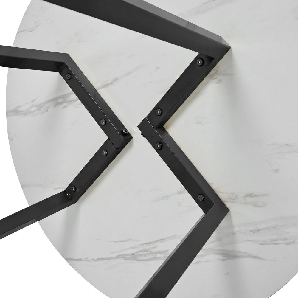 Set Tavolo da Pranzo Rotondo con 4 Sedie ¨C Xylo ¨C Piano MDF Bianco, Gambe Metallo Nero, Sedute Velluto, ?80 cm