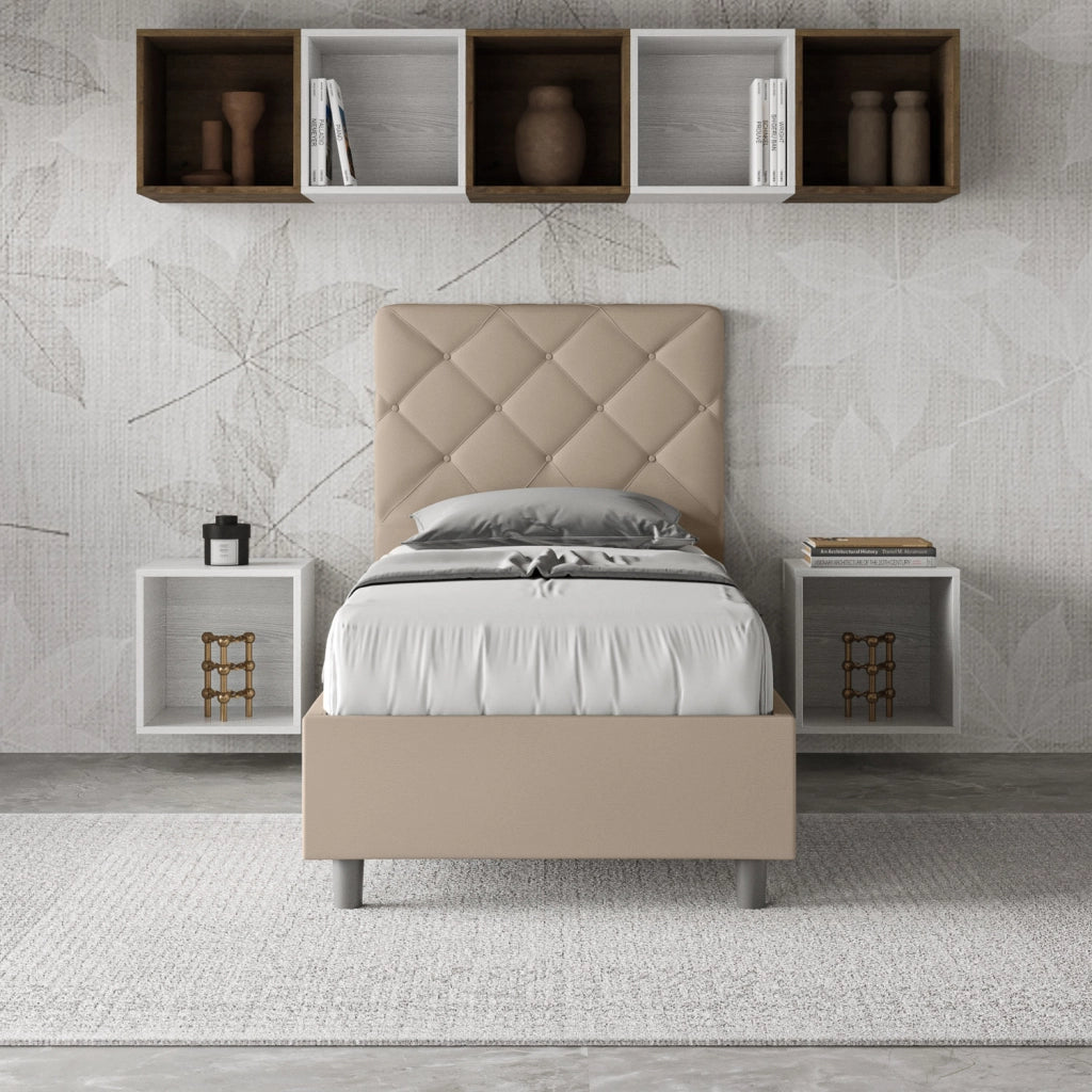 BS COM Letto singolo contenitore imbottito 90x200 similpelle tortora