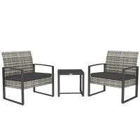 Set da giardino 3 pezzi 2 sedie con cuscini + tavolino piano in vetro temperato intreccio in resina sintetica grigio chiaro