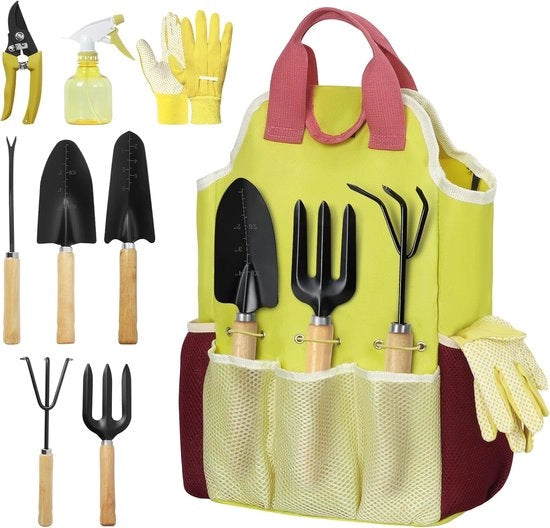 Set di attrezzi da giardino da 9 pezzi, set di attrezzi da giardino robusto con impugnature in legno, attrezzi da giardino di alta qualità e duratura, set di giardino in una borsa elegante, accessori da giardino per donne