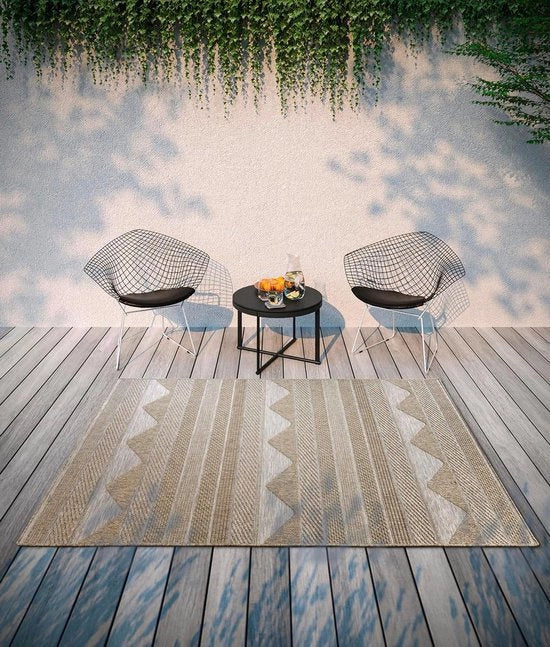 Tappeto per interni e esterni moderno tessuto piatto boho etno Oeko-Tex resistente all'usura e UV per balcone terrazzo giardino naturale marrone chiaro 115x170cm