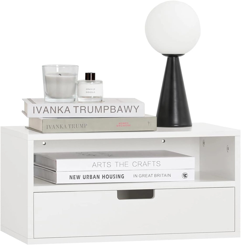 Set di 2 Comodino Sospeso - Mensola da Parete Salvaspazio con Cassetto e Ripiano Aperto, Tavolino da Letto per Camera da Letto, L45 x P25 x A22 cm, Bianco, NKD03-Wx2