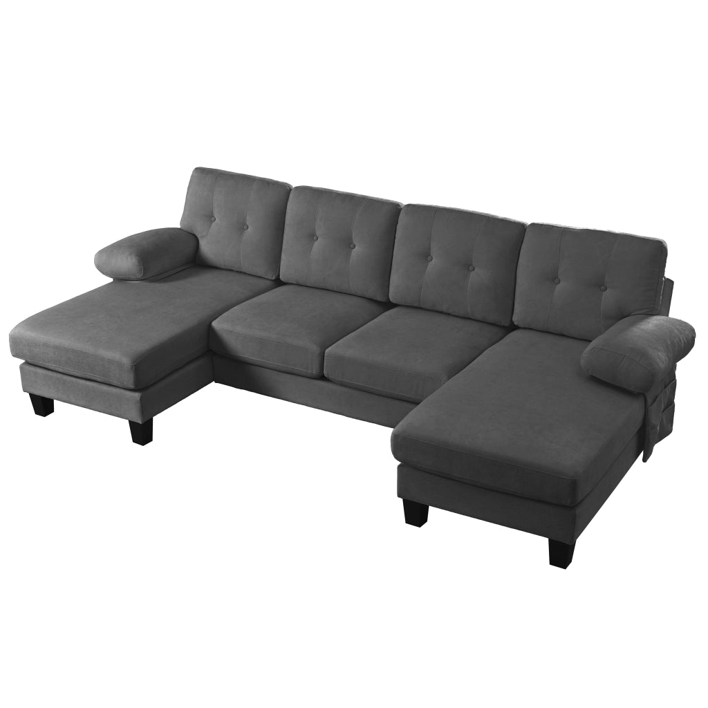 Divano angolare 4 posti - con chaise longue; tasche laterali e schienale trapuntato - in chenille grigio
