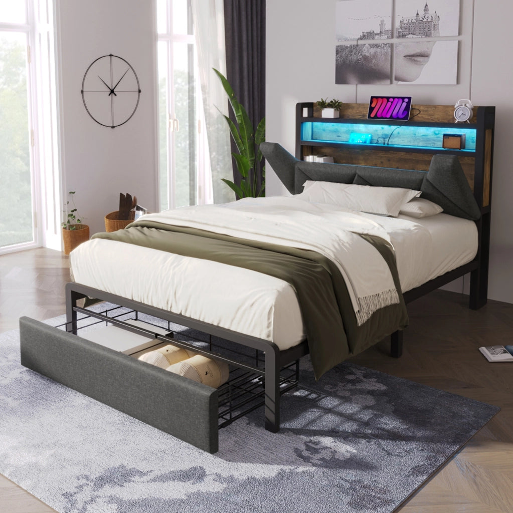 Letto singolo 90x200 cm in lino grigio con testiera contenitore; LED e cassetti