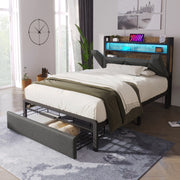 Letto singolo 90x200 cm in lino grigio con testiera contenitore; LED e cassetti