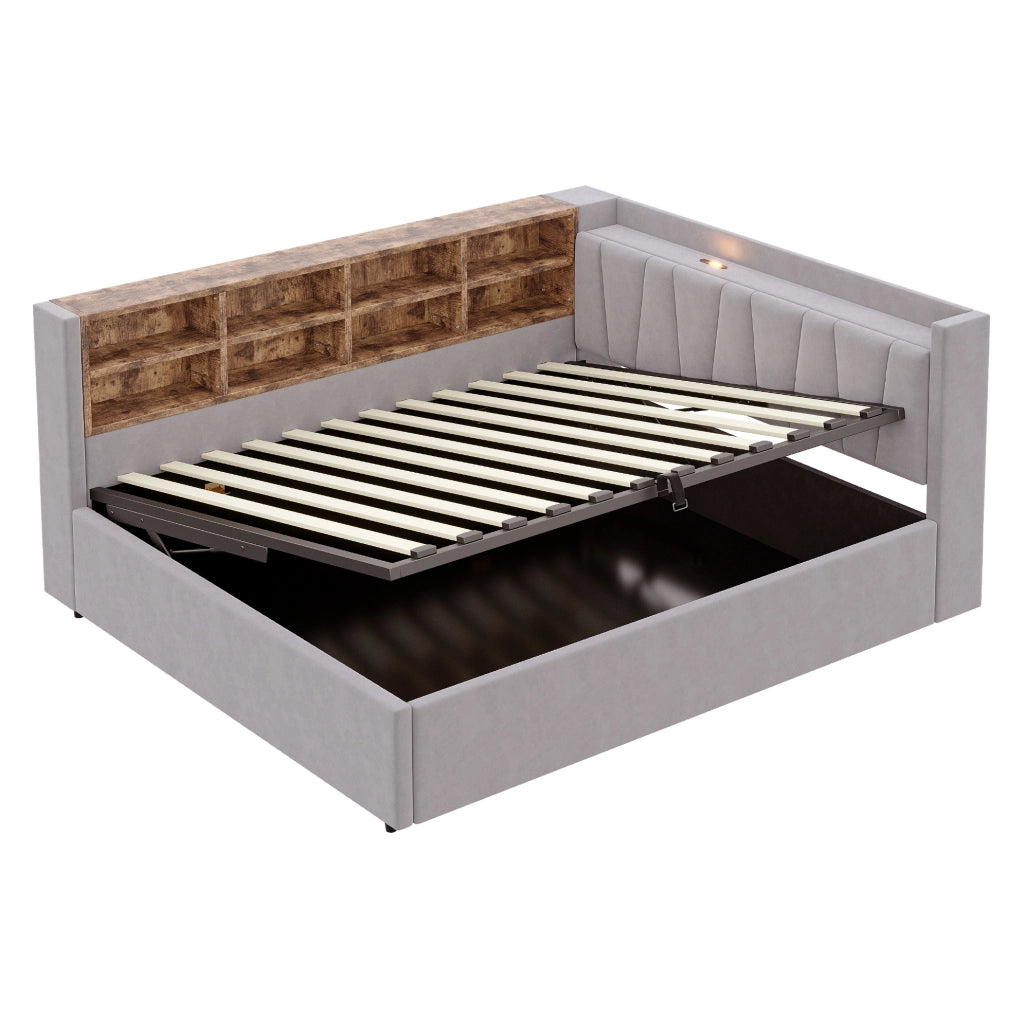 Letto imbottito 140x200 cm con vano contenitore, USB, Type-C e ripiani