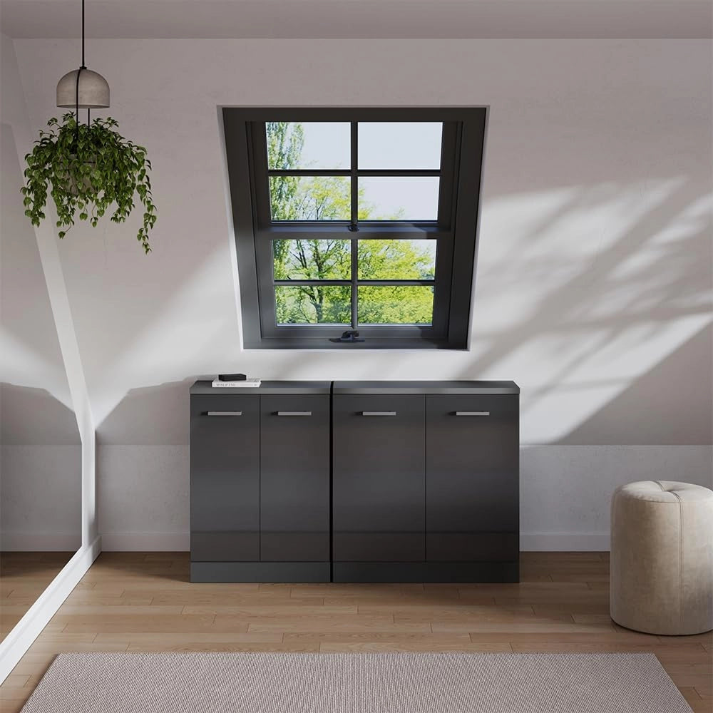 Set di mobili sottotetto Rion, Antracite lucido, 140 cm Set di 2 carcasse armadio profondità 60 cm, adatto per il salvaspazio sotto tetti spioventi