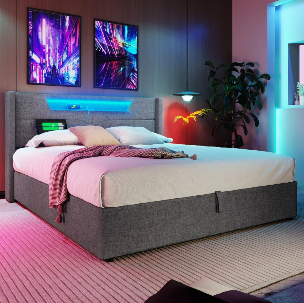 Letto contenitore 140x200 in lino grigio con LED; USB Type-C e struttura in ferro