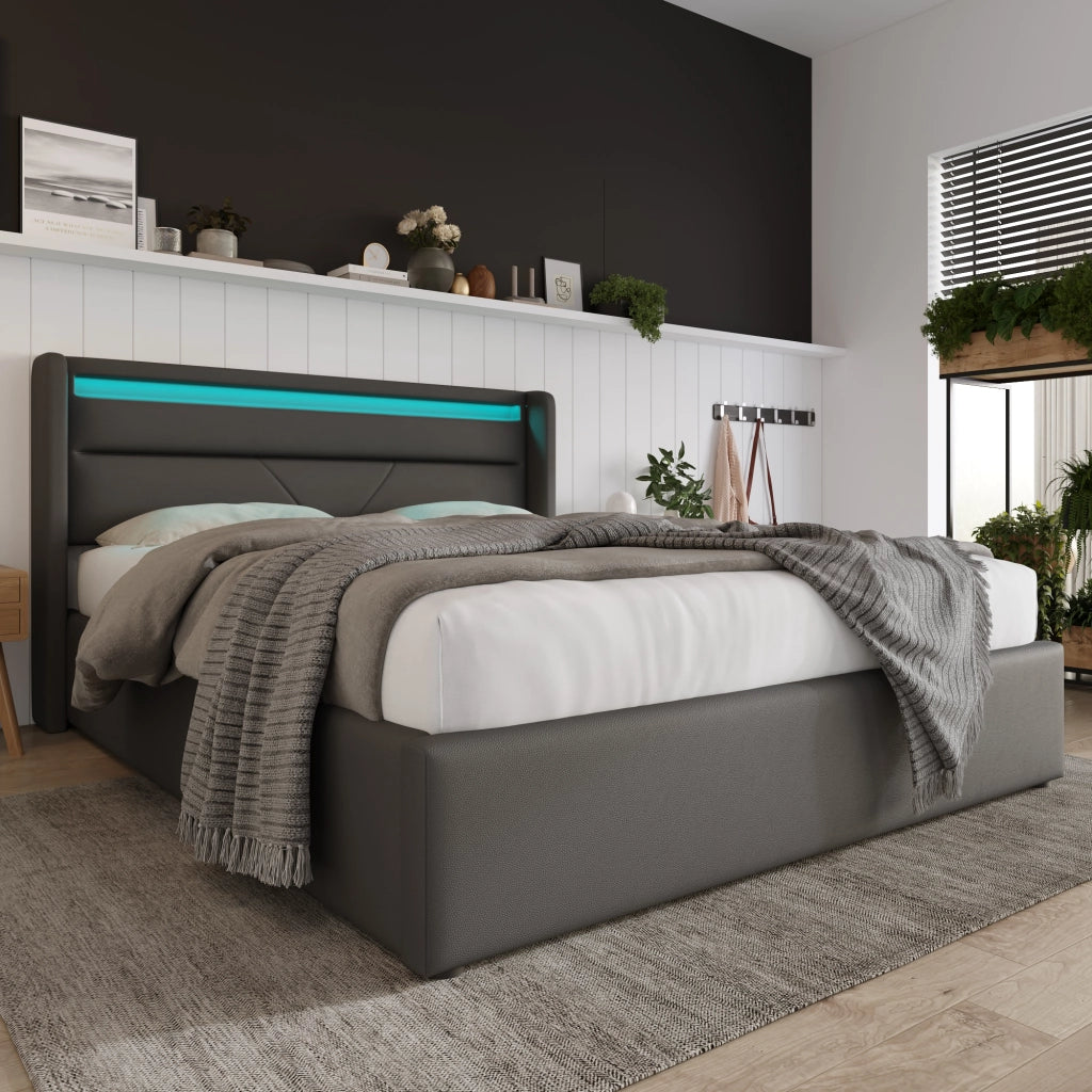 LETTO Contenitore Idraulico 160x200 cm in PU Grigio con LED