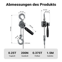 Mini paranco a catena manuale VM0.25 fino a 250 kg, altezza di sollevamento di 1,5 m, in alluminio, per il sollevamento di carichi pesanti