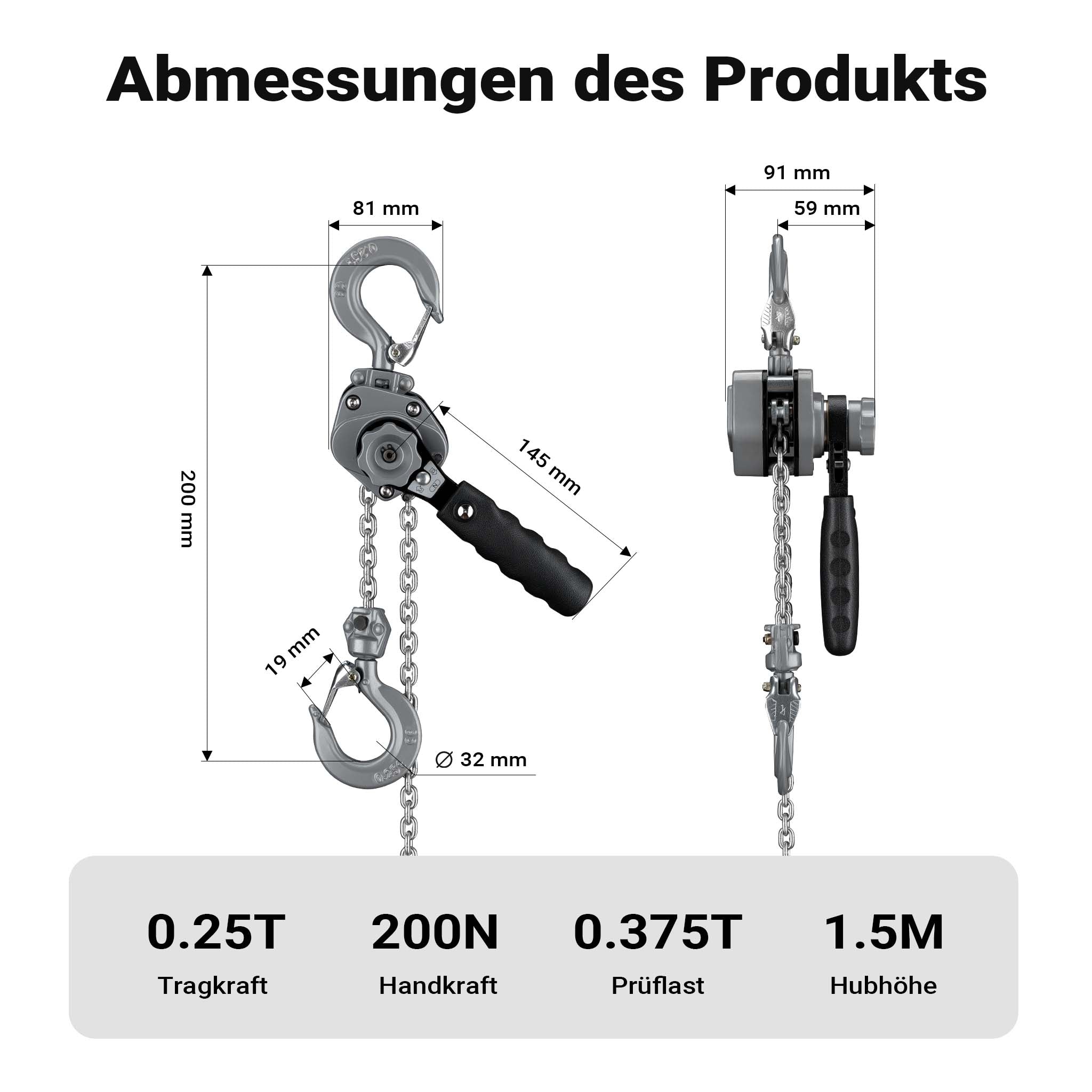 Mini paranco a catena manuale VM0.25 fino a 250 kg, altezza di sollevamento di 1,5 m, in alluminio, per il sollevamento di carichi pesanti