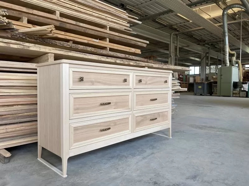 Cassettiera 6 cassetti in legno massello grezzo 150x50x85 - Mobili 2G