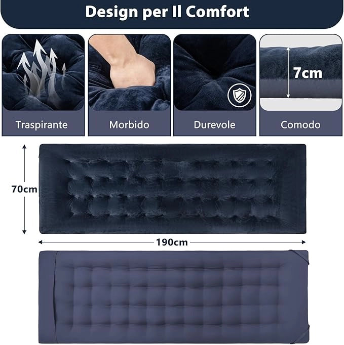 Cuscino per Sdraio, Cuscino Spesso da 190 x 70 x 7 cm con 4 Cinghie di Fissaggio, Tasca per Fissare al Letto, per Lettino da Campeggio, Vacanze in Campeggio (blu)