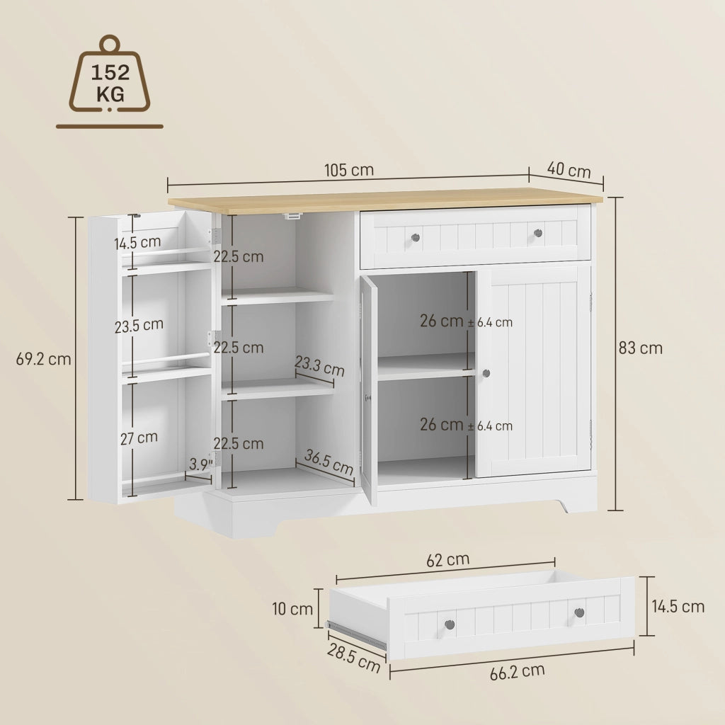 Credenza Moderna 105x40x83 cm Mobile Buffet con Cassetto e Armadietti in MDF Bianco