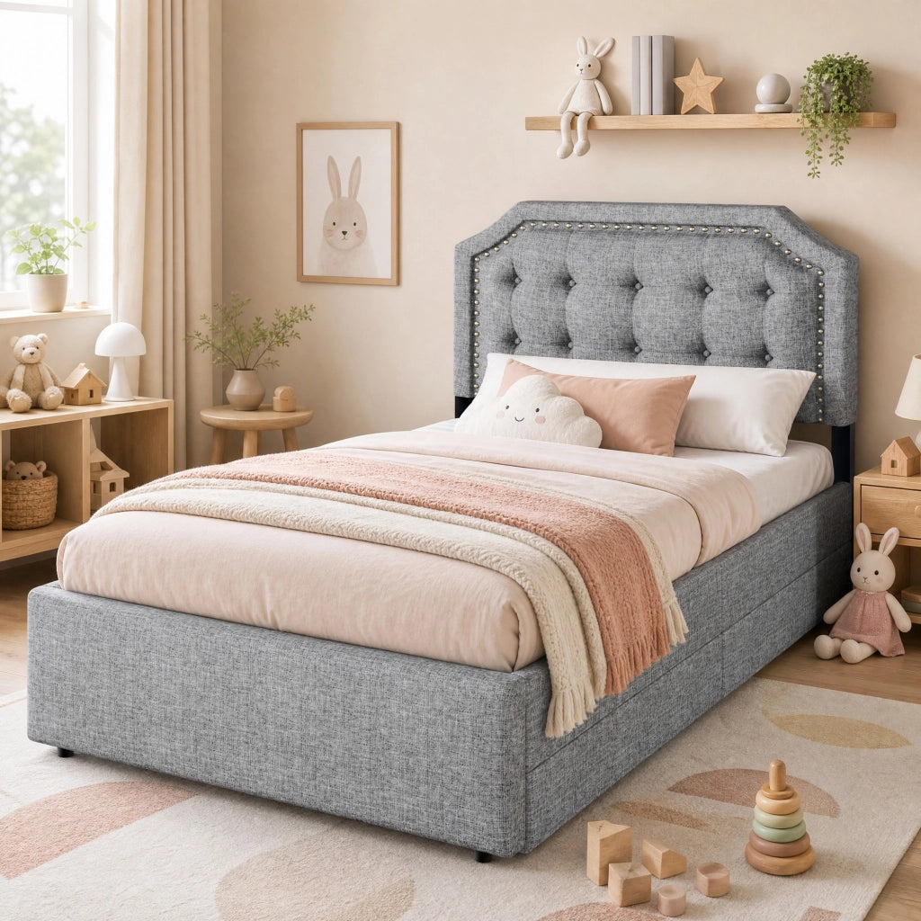 Letto imbottito 90x200 cm in tessuto grigio con testiera regolabile e 2 cassetti